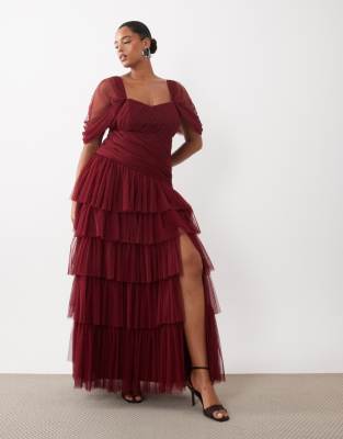 Lace & Beads Plus Tulle Fallen Shoulder Asymmetric Ruffle Detail Maxi Dress In Pink