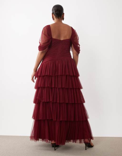 Lace & Beads Plus tulle fallen shoulder asymmetric ruffle detail maxi dress in dark pink, 4 of 4