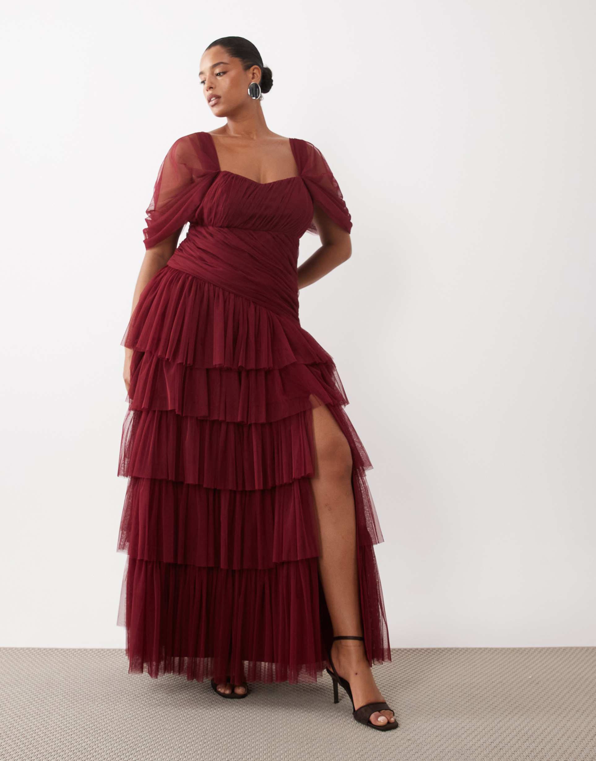 lace & beads plus tulle fallen shoulder asymmetric ruffle detailing maxi dress in dark pink