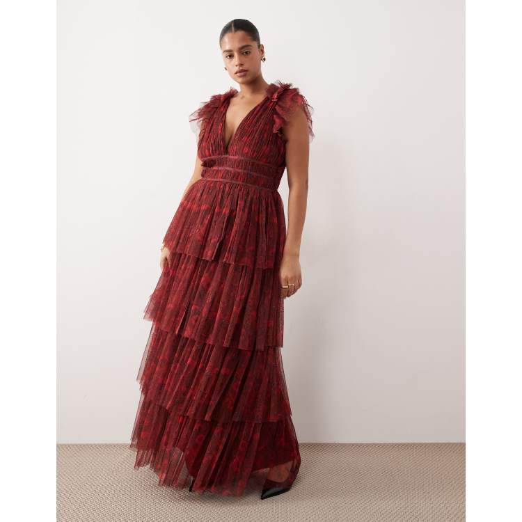 Lace & Beads Plus tulle flutter sleeve plunge neck tiered maxi dress in red  floral | ASOS
