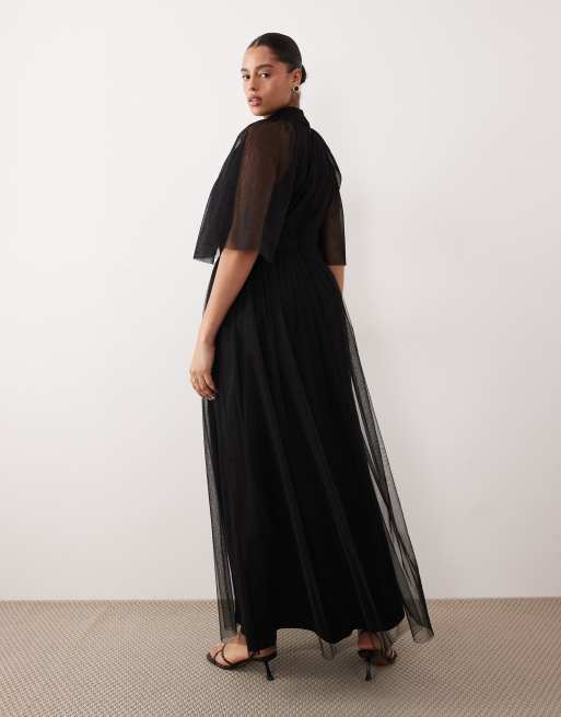 Lace & Beads Plus tulle high neck flutter sleeve maxi dress in black