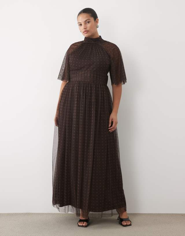 Lace & Beads Plus tulle high neck flutter sleeve maxi dress in