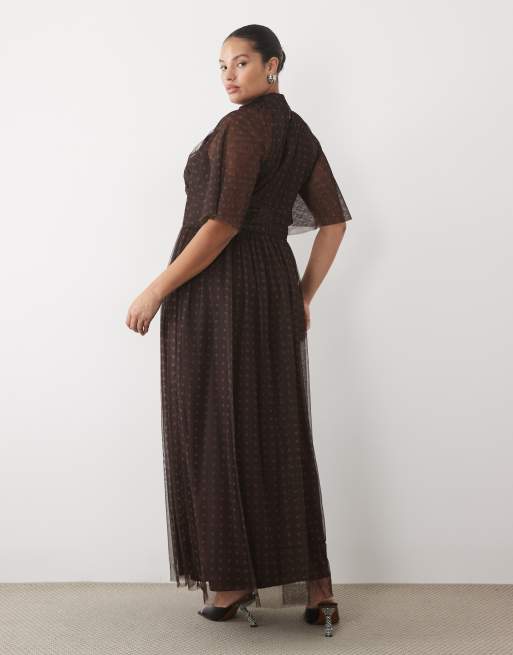 Lace & Beads Plus tulle high neck flutter sleeve maxi dress in chocolate polka dot, 2 of 4