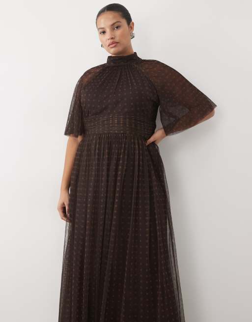 Lace & Beads Plus tulle high neck flutter sleeve maxi dress in chocolate polka dot, 3 of 4