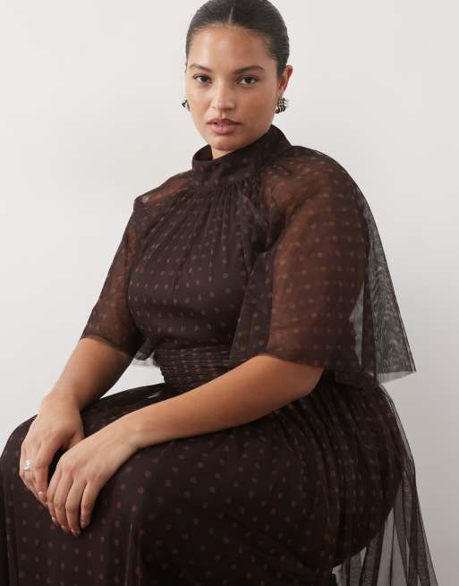 Lace & Beads Plus tulle high neck flutter sleeve maxi dress in chocolate polka dot, 4 of 4