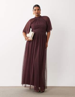 Lace & Beads Plus Tulle High Neck Flutter Sleeve Maxi Dress In Brown