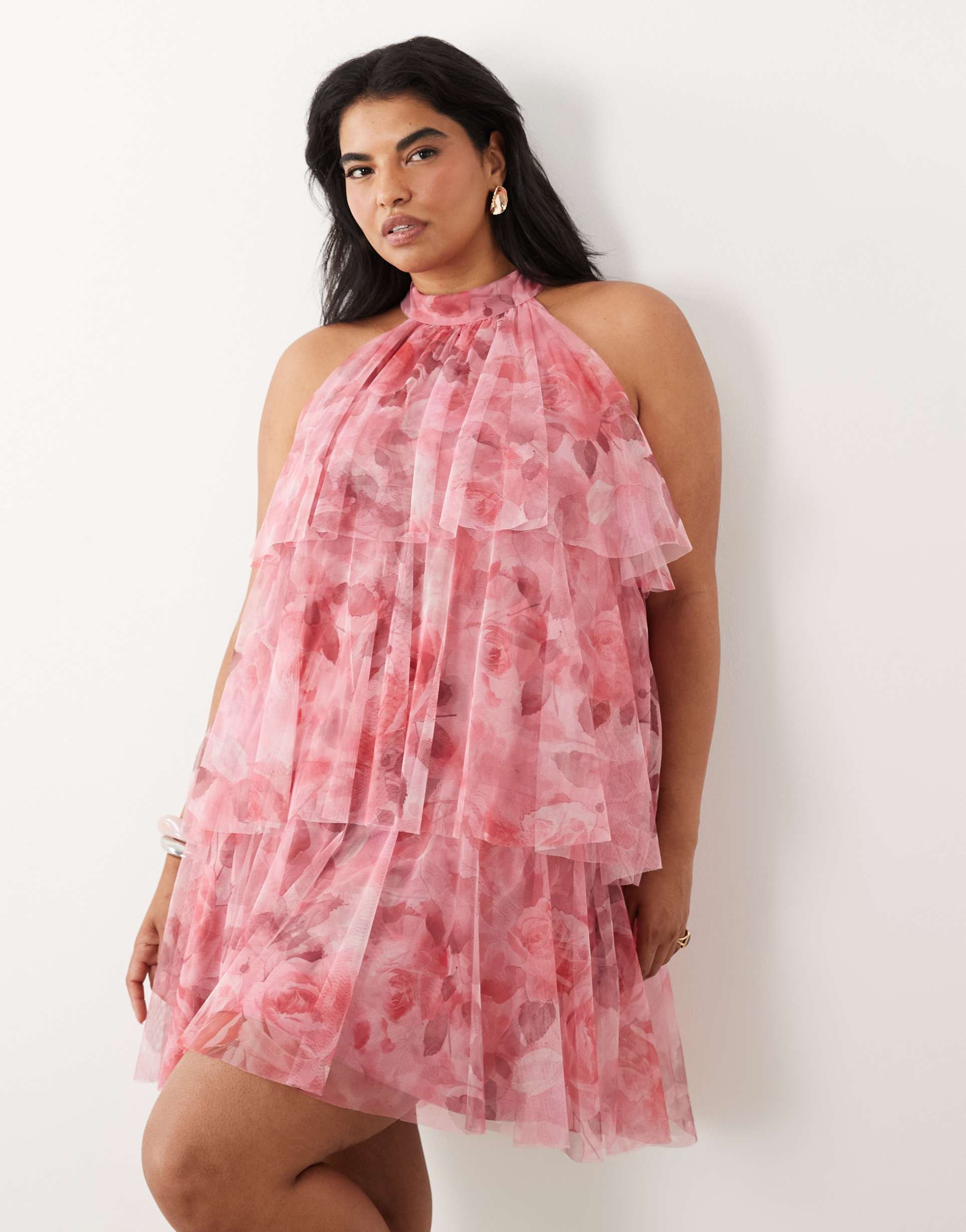 lace & beads plus tulle high neck layered mini dress in dark pink rosey print