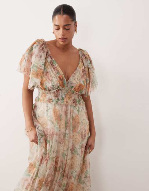 Lace & Beads Plus tulle maxi dress in beige floral, 2 of 4