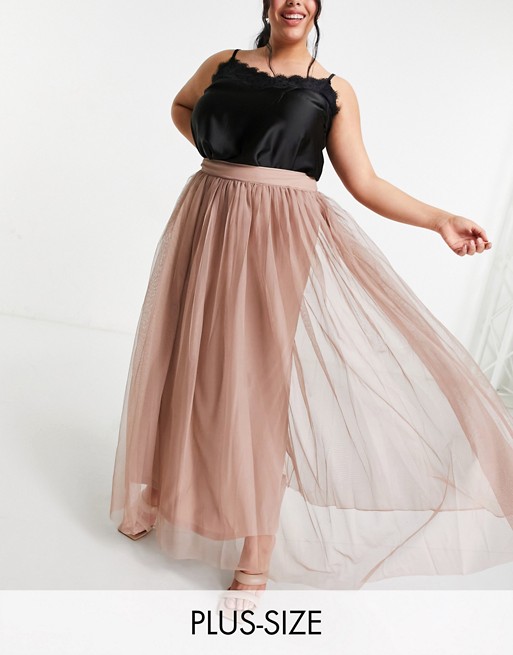 Lace & Beads Plus tulle maxi skirt in mink
