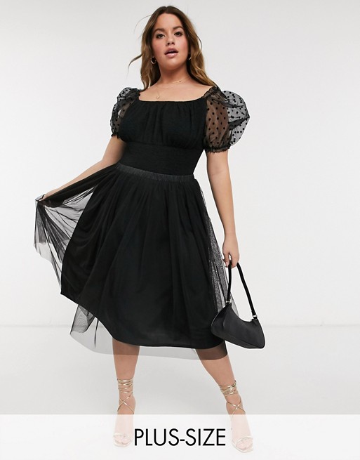 Lace & Beads Plus tulle midi skirt in black