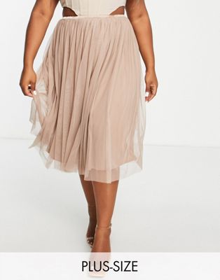 Lace & Beads Plus tulle midi skirt in taupe