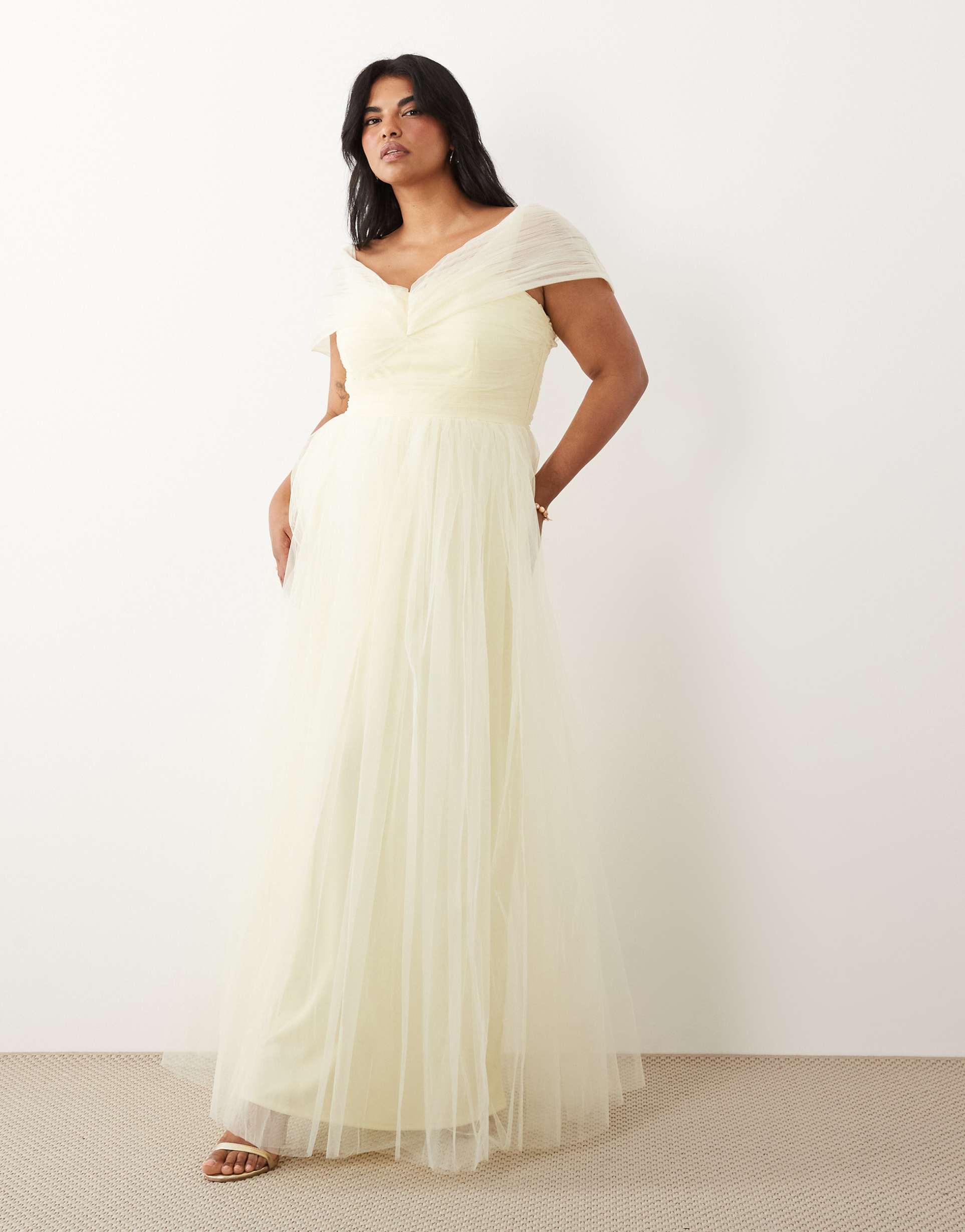 lace & beads plus tulle off-shoulder maxi dress in light lemon