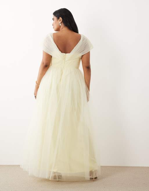 Lace & Beads Plus tulle off shoulder maxi dress in light lemon, 3 of 4