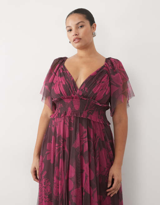 Lace & Beads Plus tulle plunge neck flutter sleeve maxi dress in purple floral, 3 of 4