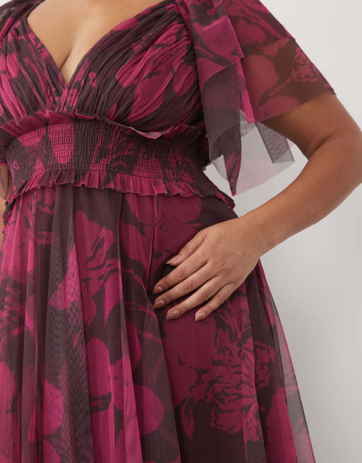 Lace & Beads Plus tulle plunge neck flutter sleeve maxi dress in purple floral, 4 of 4