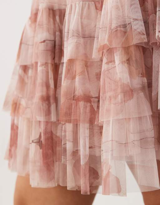 Lace & Beads Plus tulle plunge neck flutter sleeve tiered mini dress in soft brown floral, 3 of 4