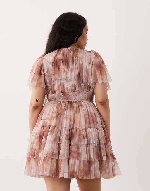 Lace & Beads Plus tulle plunge neck flutter sleeve tiered mini dress in soft brown floral, 4 of 4
