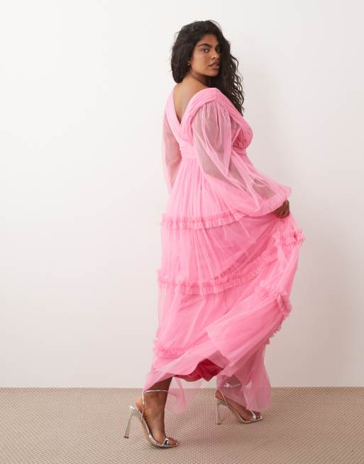 Lace & Beads Plus tulle plunge neck ruffle tiered maxi dress in pink, 3 of 4