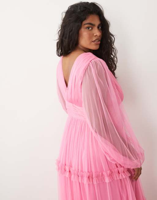 Lace & Beads Plus tulle plunge neck ruffle tiered maxi dress in pink, 4 of 4
