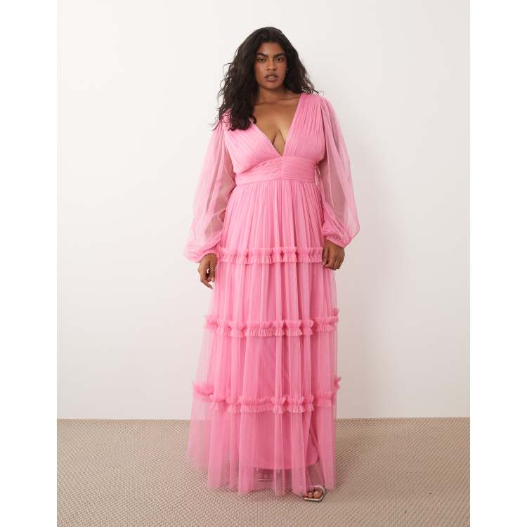 Lace & Beads Plus tulle plunge neck ruffle trim tiered maxi dress in pink |  ASOS