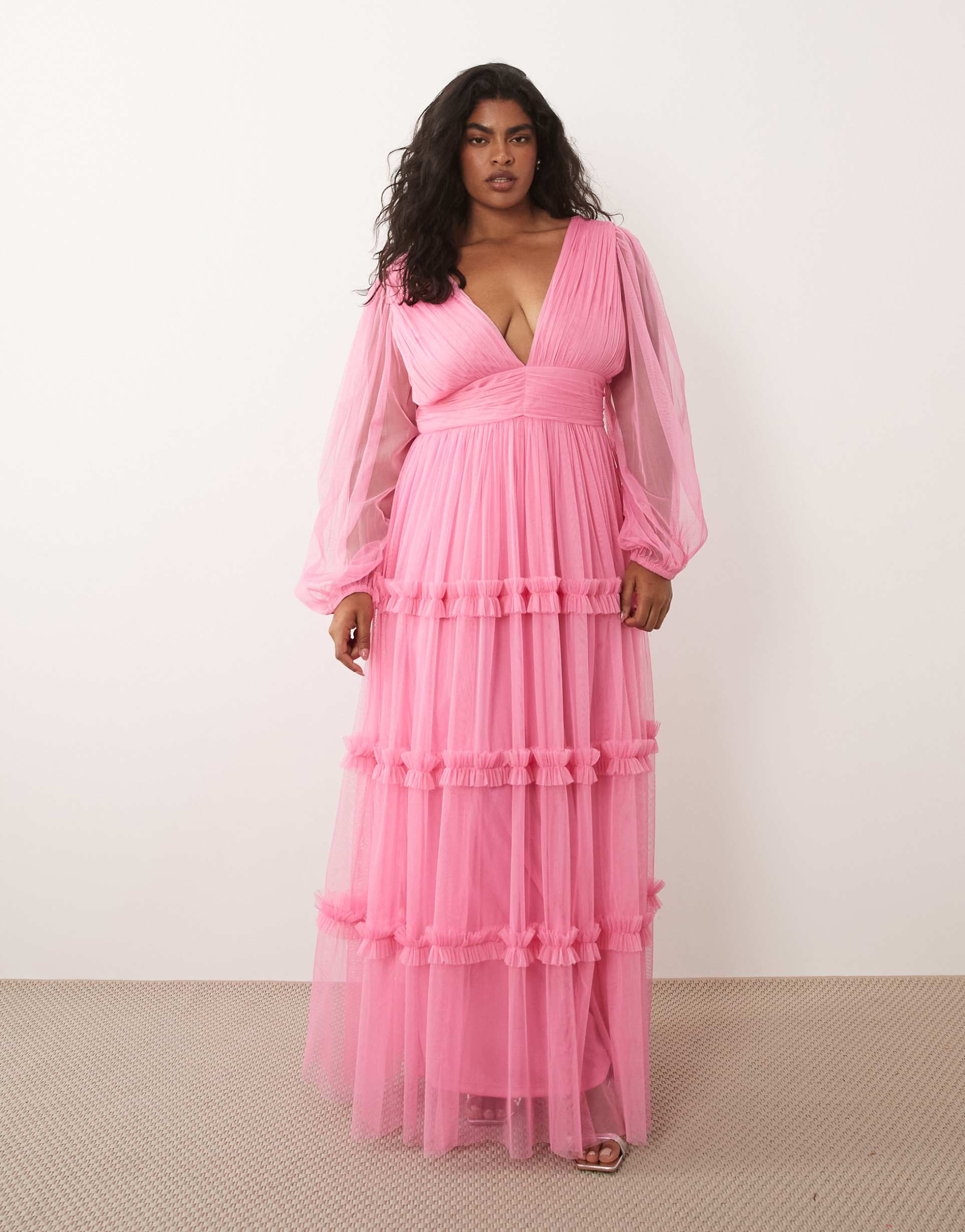 lace & beads plus tulle plunge neck ruffle trim tiered maxi dress in pink