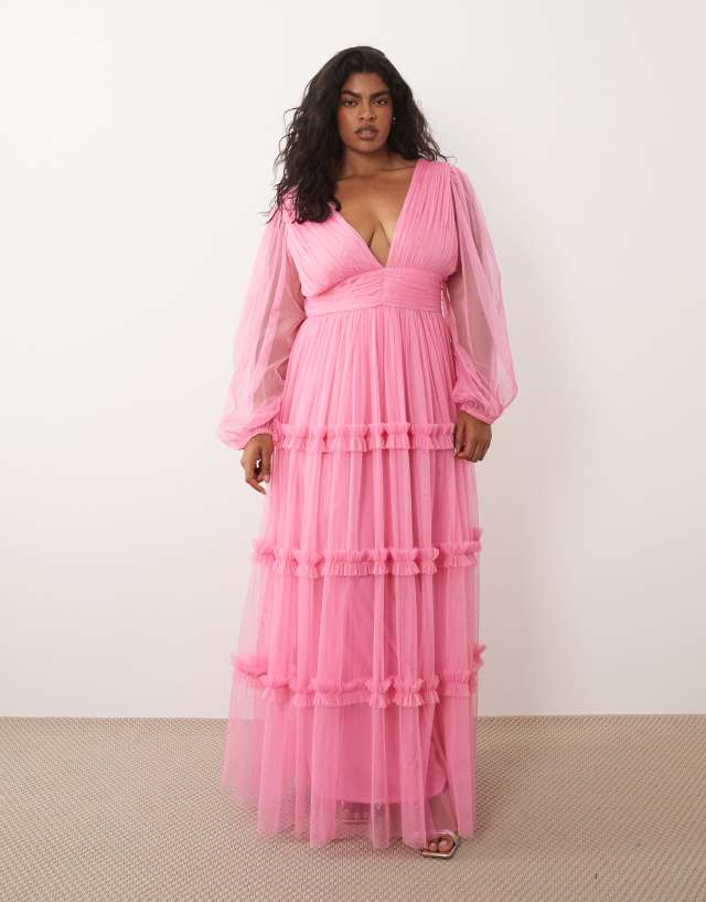 Lace & Beads Plus tulle plunge neck ruffle trim tiered maxi dress