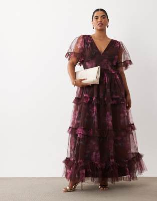 Lace & Beads Plus Tulle Puff Sleeve Ruffle Tiered Maxi Dress In Multi