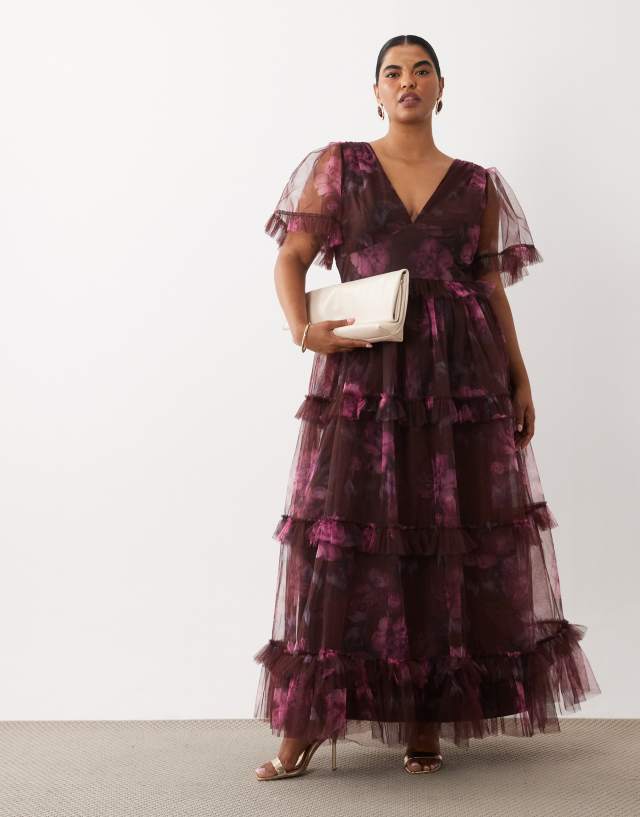 plus layered ruffle sleeve maxi dress Lace & Beads tulle puff tiered in burgundy pink floral midi layered ruffle dress with sleeves