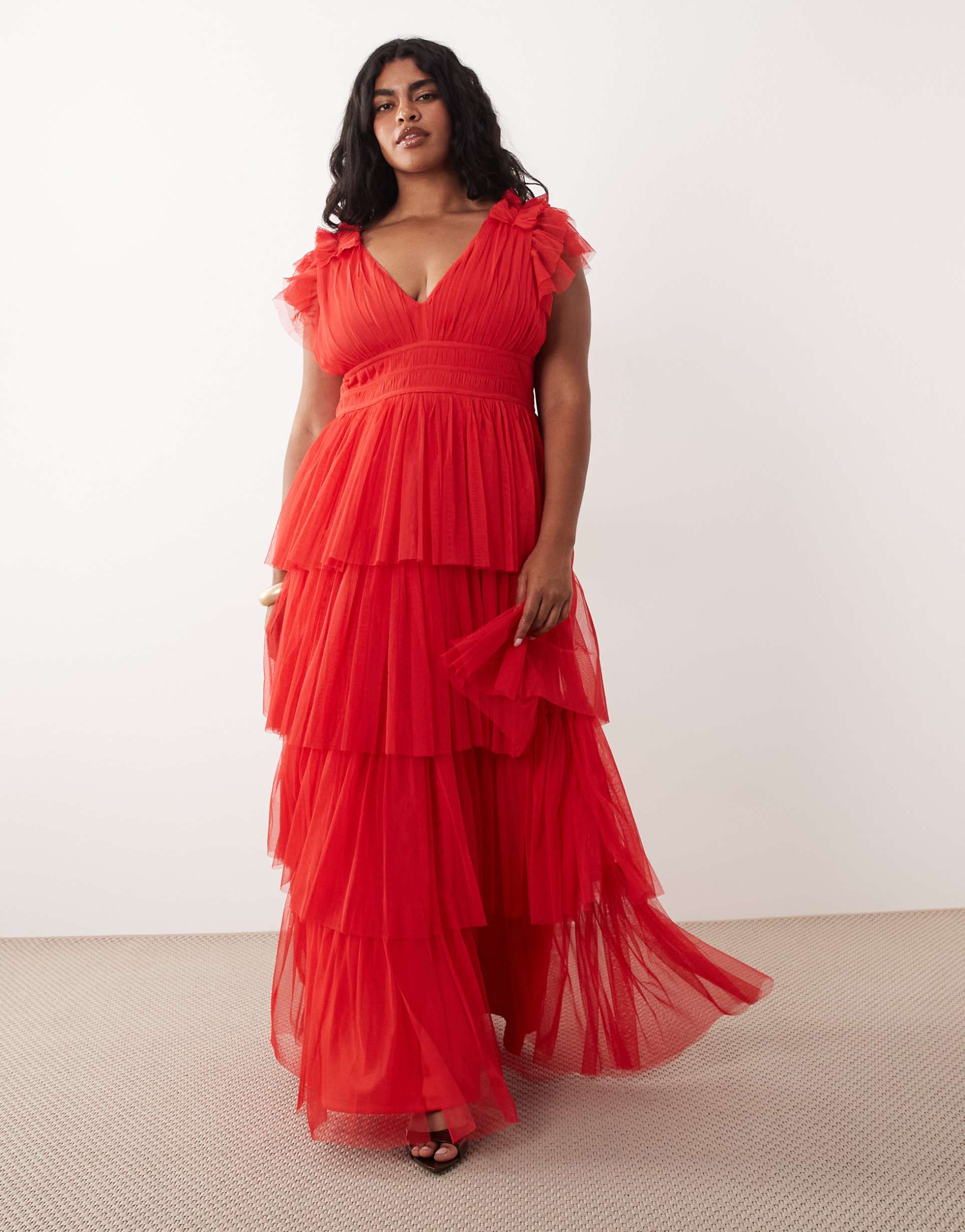lace & beads plus tulle ruffle detail tiered maxi dress in red