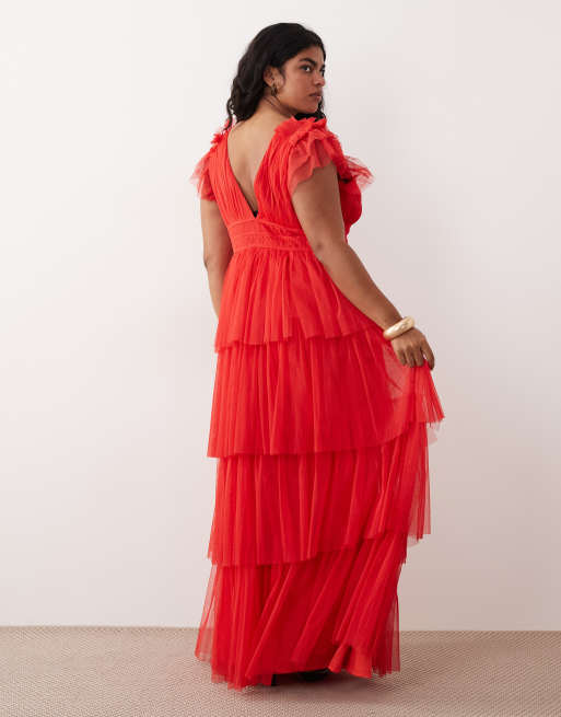 Lace & Beads Plus tulle ruffle detail tiered maxi dress in red, 4 of 4
