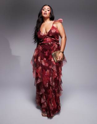 Lace & Beads Plus Lace & Beads Plus tulle ruffle maxi dress in burgundy red rose