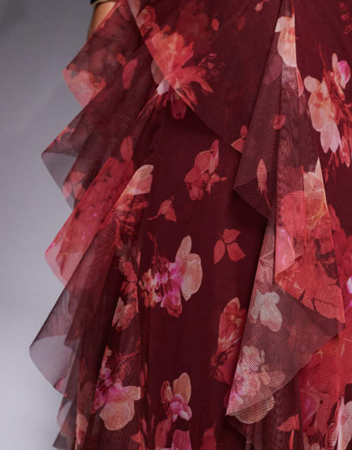 asos red tulle dress Lace & Beads ruffle midaxi tulle dress in red and pink floral