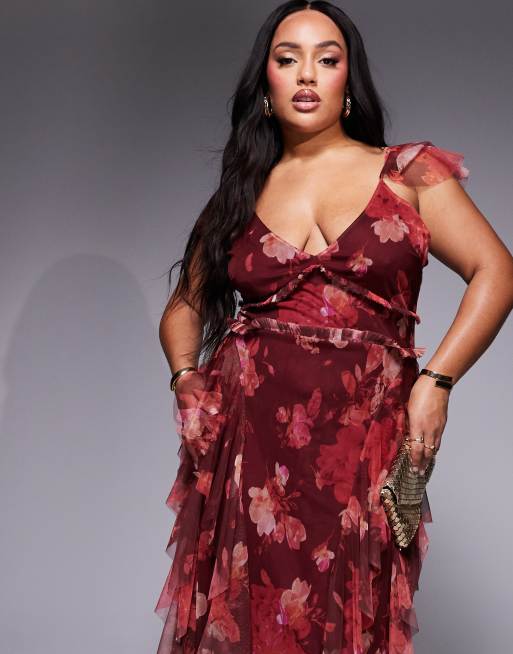 Lace Beads Plus tulle ruffle maxi dress in burgundy red rose ASOS