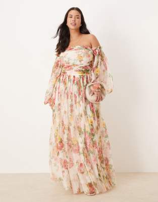 Lace & Beads Plus Tulle Ruffle Maxi Dress In Bright Floral-multi