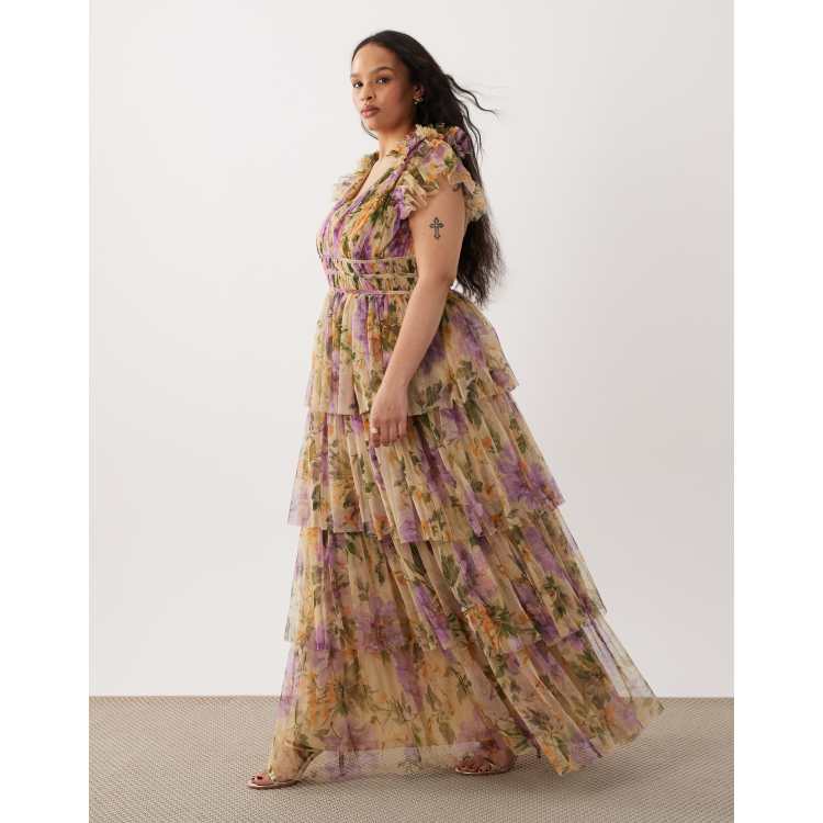 Lace & Beads Plus tulle ruffle shoulders plunge neck tiered maxi dress in  yellow vintage floral | ASOS