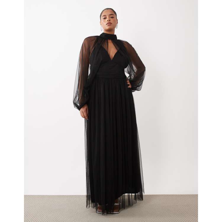 Lace & Beads Plus tulle sheer balloon sleeve high neck plunge neck