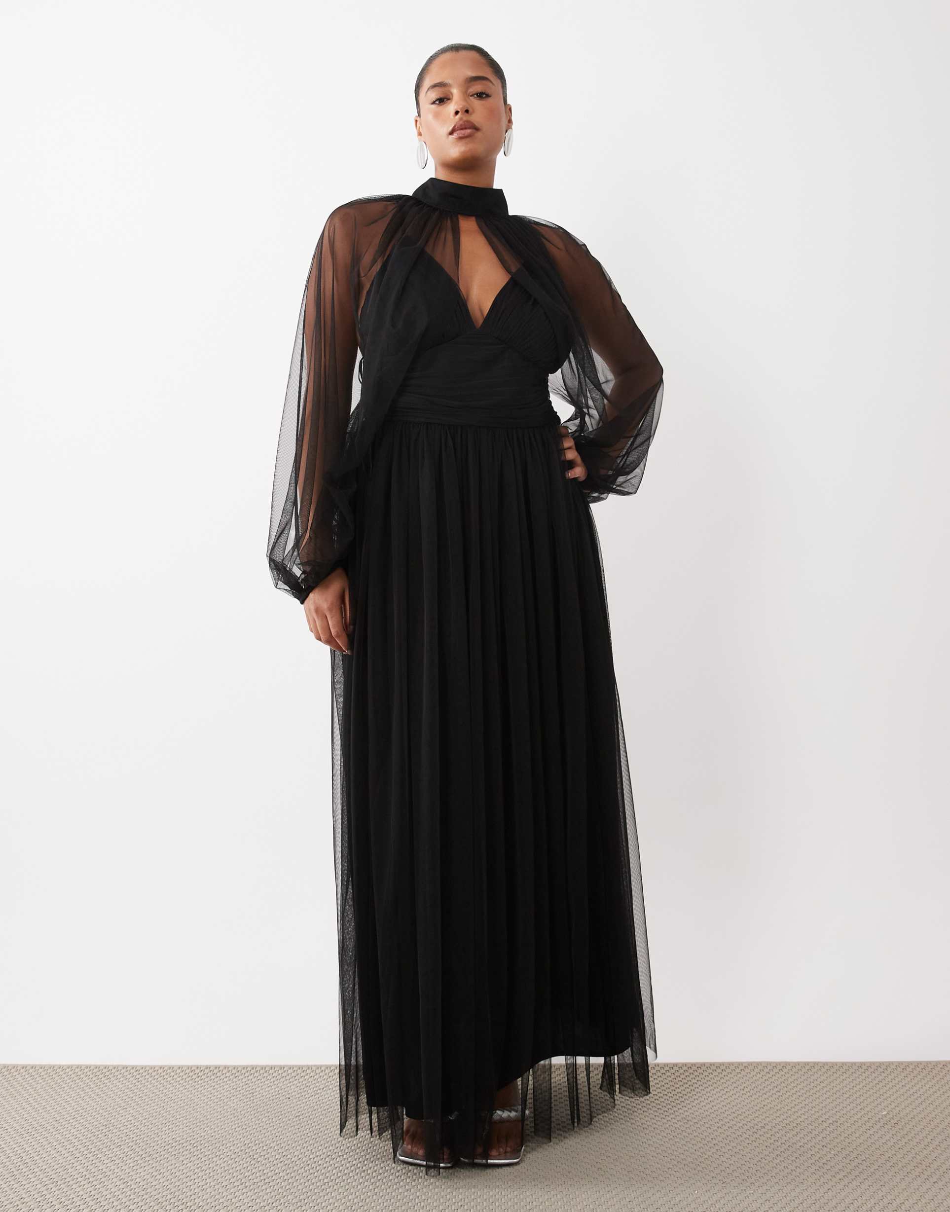 lace & beads plus tulle sheer balloon sleeve high neck plunge neck maxi dress in black