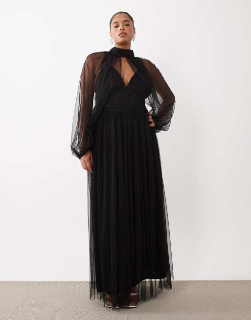 black sheer tulle dress Lace & Beads Plus balloon sleeve high neck plunge neck maxi in collection_combi: all_clothing streetwear looks Color:Periwinkle These High-Low Wedding Dresses