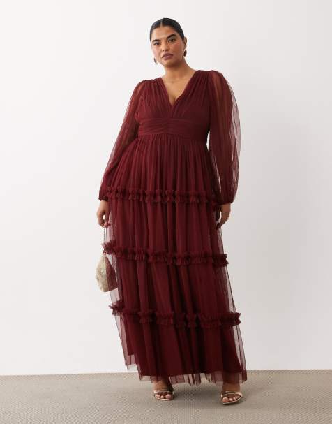 Lace & Beads Plus tulle sheer balloon sleeve plunge neck tiered maxi dress in burgundy - view 1