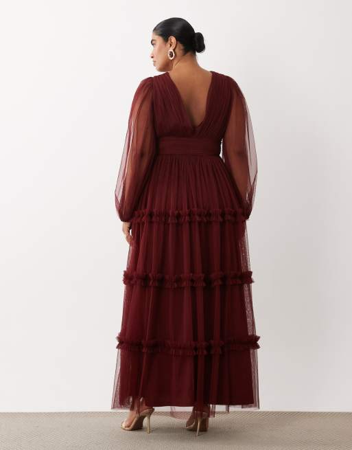 burgundy tulle dress with sleeves Lace & Beads Plus - Sheer Balloon Sleeve Plunge Neck Tiered Maxi - Women - Polyester Size:30W / S / 46 EUR Wedtrend Women A-Line Blue making it the perfect Long-Sleeve