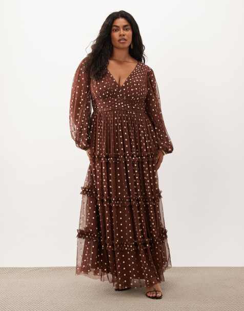 Lace & Beads Plus tulle sheer balloon sleeve plunge neck tiered maxi dress in chocolate & pink polka dot - view 1