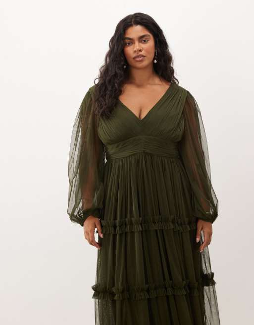 Lace & Beads Plus tulle sheer balloon sleeve plunge neck tiered maxi dress in dark olive, 3 of 4