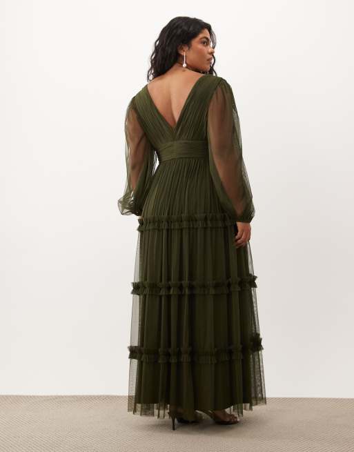 Lace & Beads Plus tulle sheer balloon sleeve plunge neck tiered maxi dress in dark olive, 4 of 4