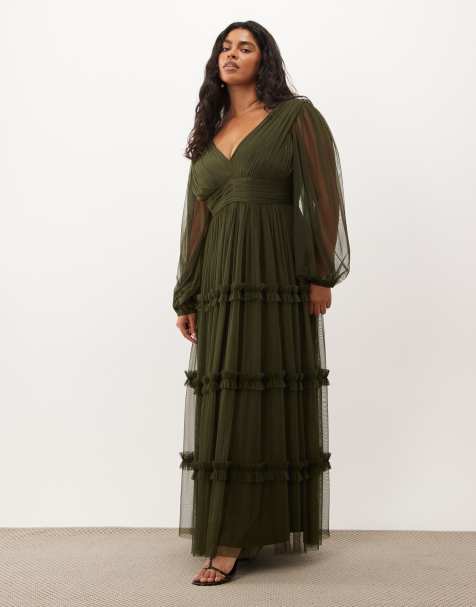 Lace & Beads Plus tulle sheer balloon sleeve plunge neck tiered maxi dress in olive - view 1