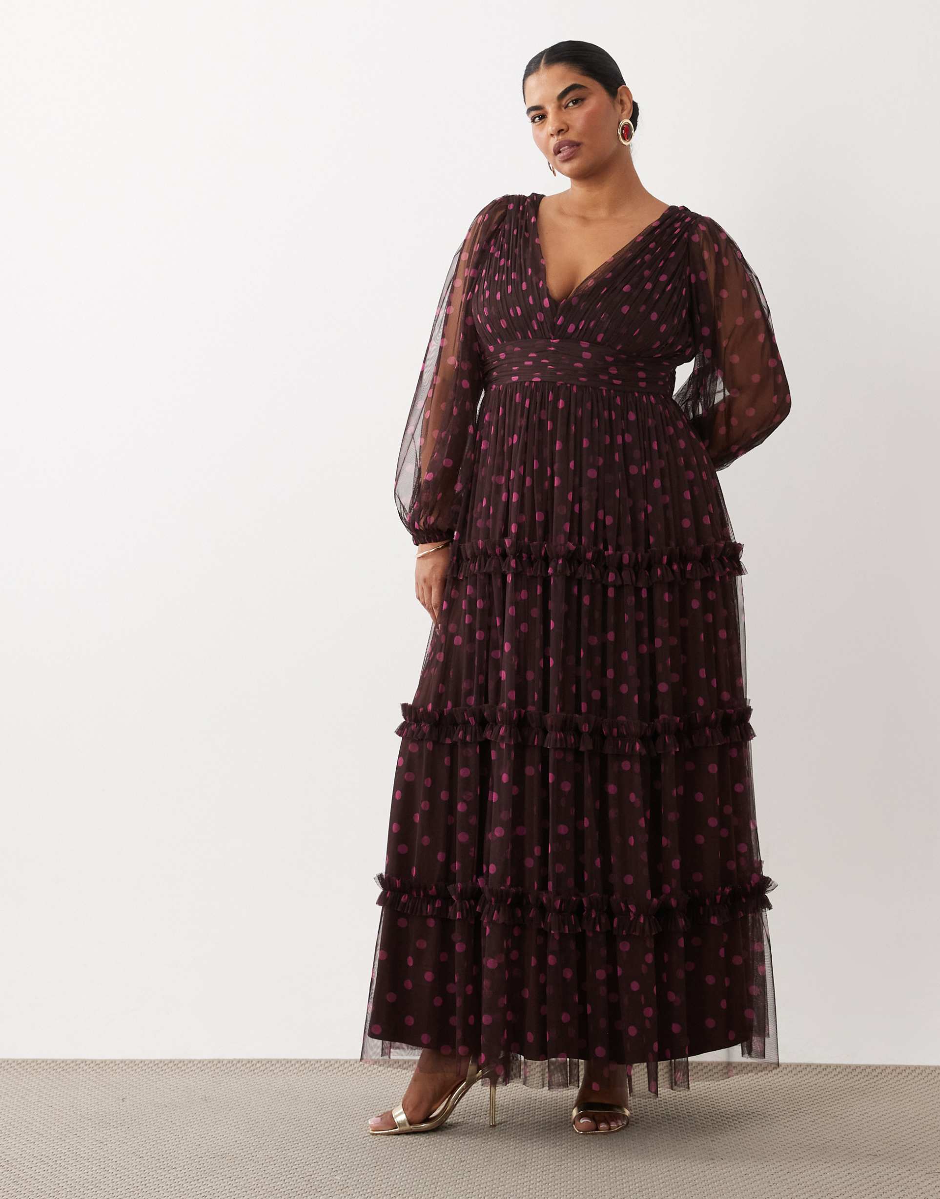 lace & beads plus tulle sheer balloon sleeve plunge neck tiered maxi dress in pink polka dot