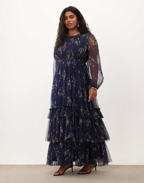 Lace & Beads Plus tulle sheer balloon sleeve tie waist tiered maxi dress in new floral - view 1
