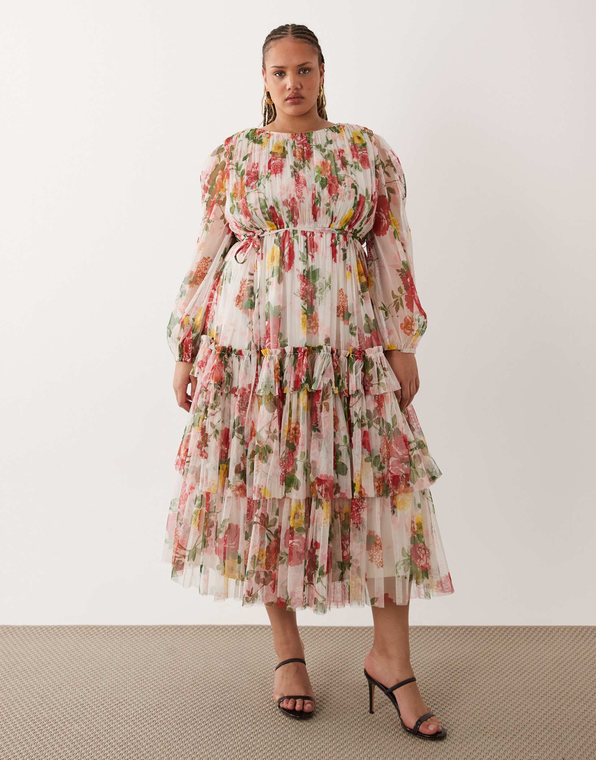 lace & beads plus tulle sheer balloon sleeve tiered midaxi dress in cream floral