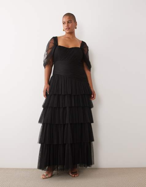 Lace & Beads Plus tulle sweetheart fallen shoulder asymmetric ruffle detail maxi dress in black - view 1