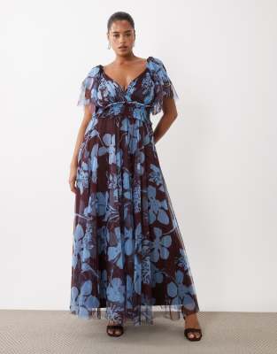 Lace & Beads Plus Tulle V Neck Flutter Sleeve Maxi Dress In Multi