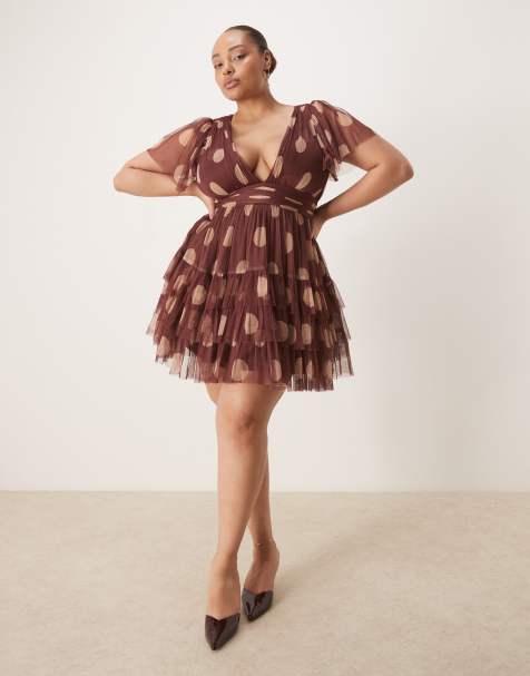 Lace & Beads Plus tulle v neck ruffle tiered mini dress in brown polka dot - view 1